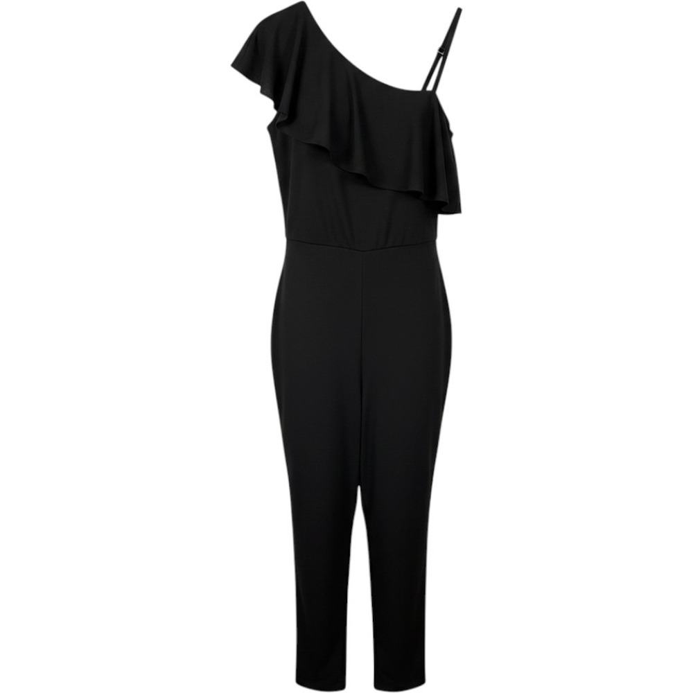 Emma & Michele Womens Black One Shoulder Ruffle Jumpsuit Size M Wide Leg Blouson